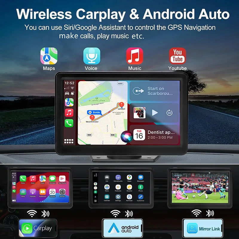 Transform Your Driving Experience with the HD 7 Inch Portable Wireless CarPlay Screen - Compatible with All Vehicles, Featuring Bluetooth, GPS Navigation, and Voice Control