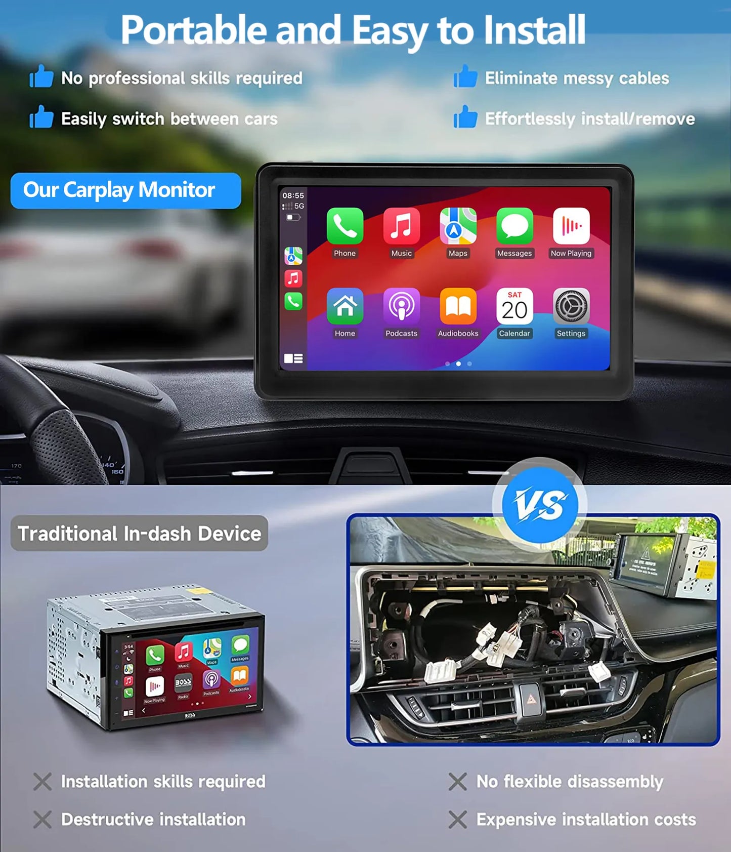 Transform Your Driving Experience with the HD 7 Inch Portable Wireless CarPlay Screen - Compatible with All Vehicles, Featuring Bluetooth, GPS Navigation, and Voice Control