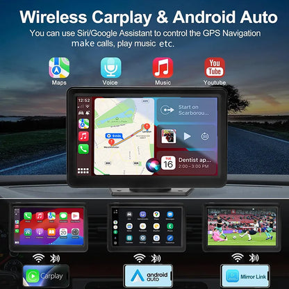 Transform Your Driving Experience with the HD 7 Inch Portable Wireless CarPlay Screen - Compatible with All Vehicles, Featuring Bluetooth, GPS Navigation, and Voice Control